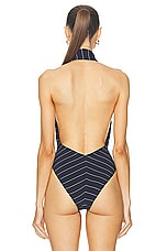 Norma Kamali Cross Halter Bodysuit in True Navy Pinstripe, view 4, click to view large image.