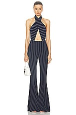 Norma Kamali Cross Halter Bodysuit in True Navy Pinstripe, view 5, click to view large image.