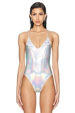 Norma Kamali Low Back Fara Slip Mio Bodysuit in Hologram, view 2, click to view large image.