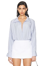 Norma Kamali Super Oversized Boyfriend Shirt Bodysuit in Misty Blue, view 1, click to view large image.