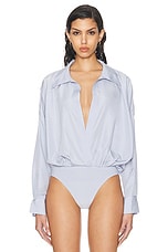 Norma Kamali Super Oversized Boyfriend Shirt Bodysuit in Misty Blue, view 2, click to view large image.