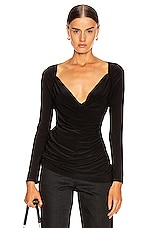 Norma Kamali Long Sleeve Sweetheart Side Drape Top in Black, view 1, click to view large image.