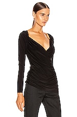 Norma Kamali Long Sleeve Sweetheart Side Drape Top in Black, view 2, click to view large image.