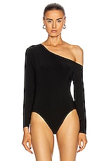 Norma Kamali Long Sleeve Drop Shoulder Bodysuit in Black, view 2, click to view large image.