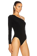 Norma Kamali Long Sleeve Drop Shoulder Bodysuit in Black, view 3, click to view large image.