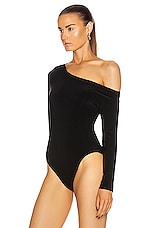 Norma Kamali Long Sleeve Drop Shoulder Bodysuit in Black, view 4, click to view large image.