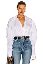 Norma Kamali Oversized Boyfriend Shirt Bodysuit in White, view 1, click to view large image.