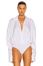 Norma Kamali Oversized Boyfriend Shirt Bodysuit in White, view 2, click to view large image.