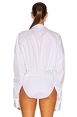 Norma Kamali Oversized Boyfriend Shirt Bodysuit in White, view 4, click to view large image.