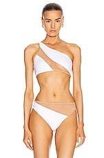 Norma Kamali Snake Mesh Bra Swimsuit in White & Nude Mesh, view 1, click to view large image.