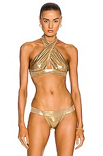 Norma Kamali Cross Halter Bikini Top in Gold | FWRD