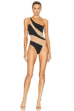 Norma Kamali Snake Mesh Mio One Piece Swimsuit in Black & Nude, view 1, click to view large image.