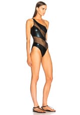 Norma Kamali Snake Mesh Mio Swimsuit in Black Foil, view 2, click to view large image.