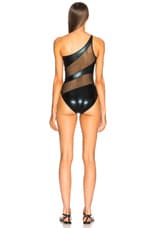 Norma Kamali Snake Mesh Mio Swimsuit in Black Foil, view 3, click to view large image.