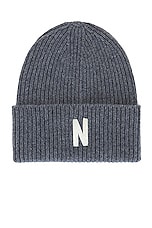 Norse Projects Merino Lambswool Rib N Logo Beanie in Grey Melange, view 1, click to view large image.