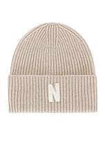 Norse Projects Merino Lambswool Rib N Logo Beanie in Oatmeal, view 1, click to view large image.