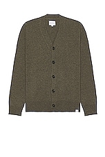 Norse Projects Adam Merino Lambswool Cardigan in Ivy Green, view 1, click to view large image.