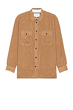 Norse Projects Silas Textured Cotton Wool Overshirt in Camel, view 1, click to view large image.
