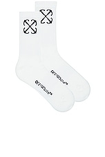 OFF-WHITE Arrow Mid Calf Socks in White & Black, view 1, click to view large image.