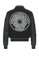 OFF-WHITE Tyre Moon Lea Varsity Jacket in Black, view 1, click to view large image.