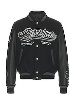 OFF-WHITE Tyre Moon Lea Varsity Jacket in Black, view 2, click to view large image.