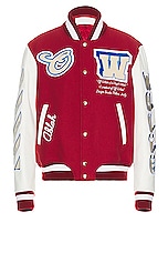 OFF-WHITE On The Go Leather Sleeve Varsity Jacket in Red & Off White, view 1, click to view large image.