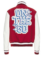 OFF-WHITE On The Go Leather Sleeve Varsity Jacket in Red & Off White, view 2, click to view large image.