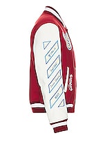 OFF-WHITE On The Go Leather Sleeve Varsity Jacket in Red & Off White, view 3, click to view large image.