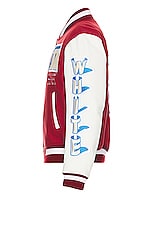 OFF-WHITE On The Go Leather Sleeve Varsity Jacket in Red & Off White, view 4, click to view large image.