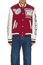 OFF-WHITE On The Go Leather Sleeve Varsity Jacket in Red & Off White, view 5, click to view large image.