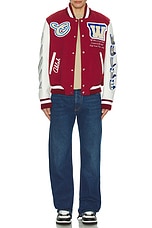 OFF-WHITE On The Go Leather Sleeve Varsity Jacket in Red & Off White, view 6, click to view large image.