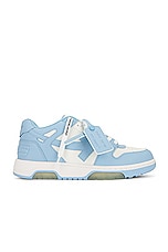 OFF-WHITE Out Of Office Sneaker In White &amp; Light Blue in White & Light Blue, view 1, click to view large image.