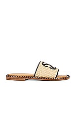 OFF-WHITE Twist Raffia Arrow Slide in Beige & Black, view 1, click to view large image.