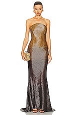 Oscar de la Renta Crescent Neck Sequin &amp; Bead Embroidered Gown in Yellow Multi, view 1, click to view large image.