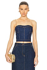 Oscar de la Renta Denim Bustier With Jeweled Straps in Medium Wash, view 1, click to view large image.