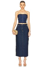 Oscar de la Renta Denim Bustier With Jeweled Straps in Medium Wash, view 4, click to view large image.