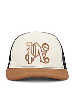 Palm Angels Trucker Hat in Beige & Off White, view 1, click to view large image.