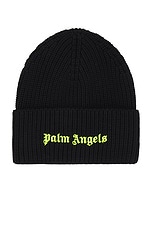 Palm Angels Classic Logo Ribbed Beanie in Black & Yellow, view 1, click to view large image.