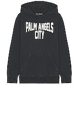 Palm Angels Pa City Washed Hoodie in Dark Grey & White, view 1, click to view large image.