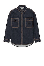 Palm Angels Logo Wash Denim Shirt in Navy Blue, view 1, click to view large image.