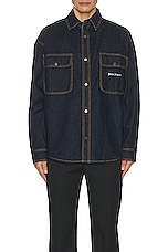 Palm Angels Logo Wash Denim Shirt in Navy Blue, view 4, click to view large image.