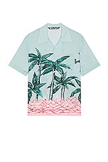 Palm Angels Palms Row Bowling Shirt in Light Blue & Green, view 1, click to view large image.