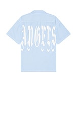 Palm Angels Gothic Logo Short Sleeve Shirt in Light Blue, view 2, click to view large image.