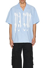 Palm Angels Gothic Logo Short Sleeve Shirt in Light Blue, view 3, click to view large image.