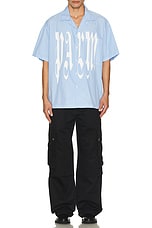 Palm Angels Gothic Logo Short Sleeve Shirt in Light Blue, view 4, click to view large image.