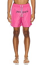 Palm Angels Classic Logo Swimshorts in Fuchsia, view 3, click to view large image.