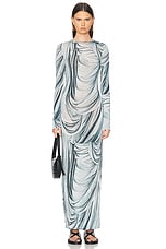 RABANNE Drape Printed Long Sleeve Dress in Drappe Bleu, view 1, click to view large image.
