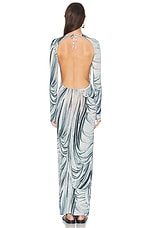 RABANNE Drape Printed Long Sleeve Dress in Drappe Bleu, view 3, click to view large image.