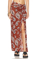 RABANNE Knot Wrap Long Skirt in Paisley Terracotta, view 1, click to view large image.