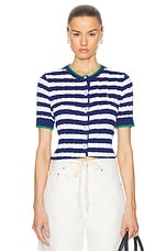 Polo Ralph Lauren Short Sleeve Striped Cardigan in Blue Yacht & White, view 1, click to view large image.
